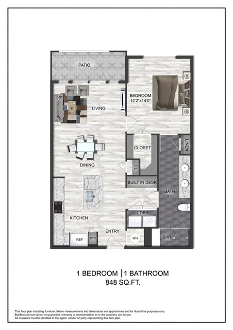 A floor plan of a one bedroom apartment with a bathroom.
